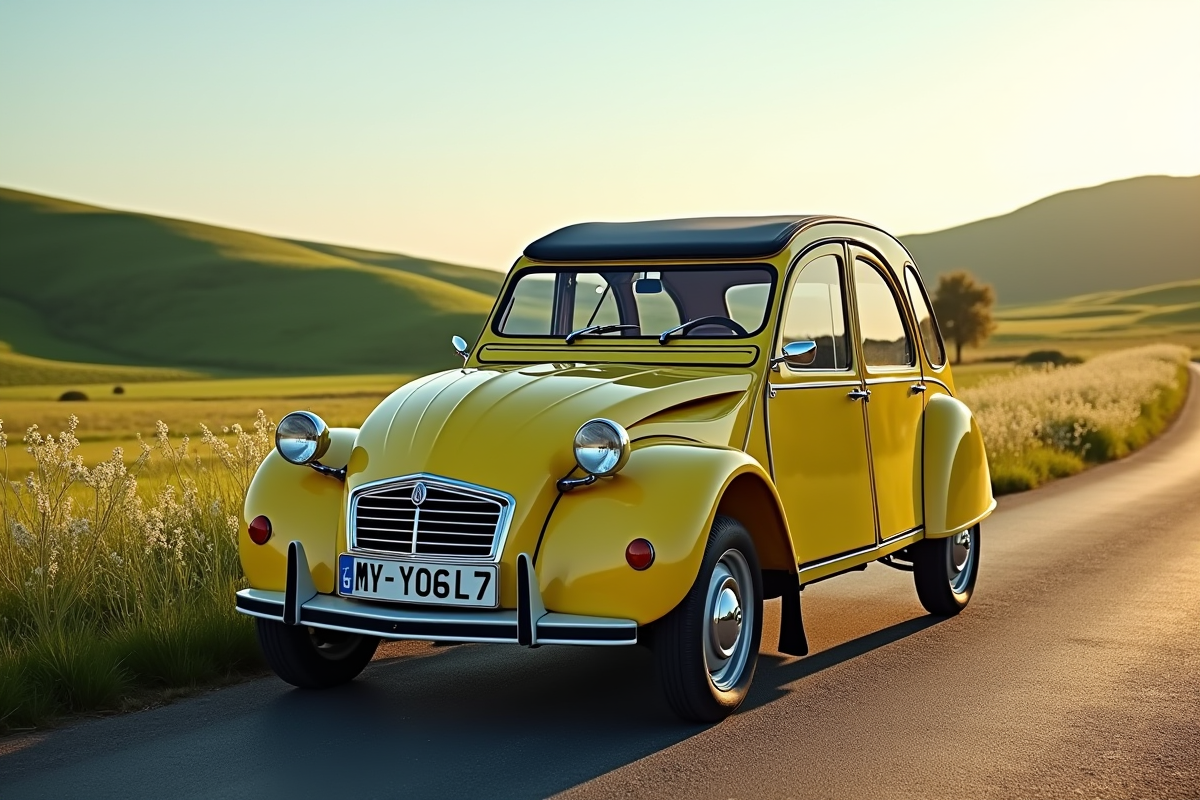 2CV Citroen restaurée sur une route de campagne ensoleillée