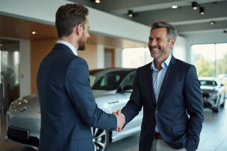 Poignée de main entre un acheteur et un vendeur de voitures de prestige dans un showroom automobile haut de gamme