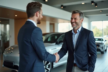 Poignée de main entre un acheteur et un vendeur de voitures de prestige dans un showroom automobile haut de gamme