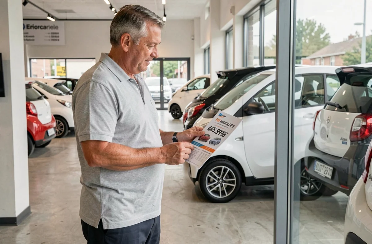 Homme consultant les tarifs d'une voiture sans permis chez un concessionnaire