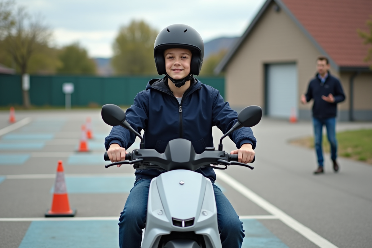 Adolescent sur scooter électrique dans un centre de formation