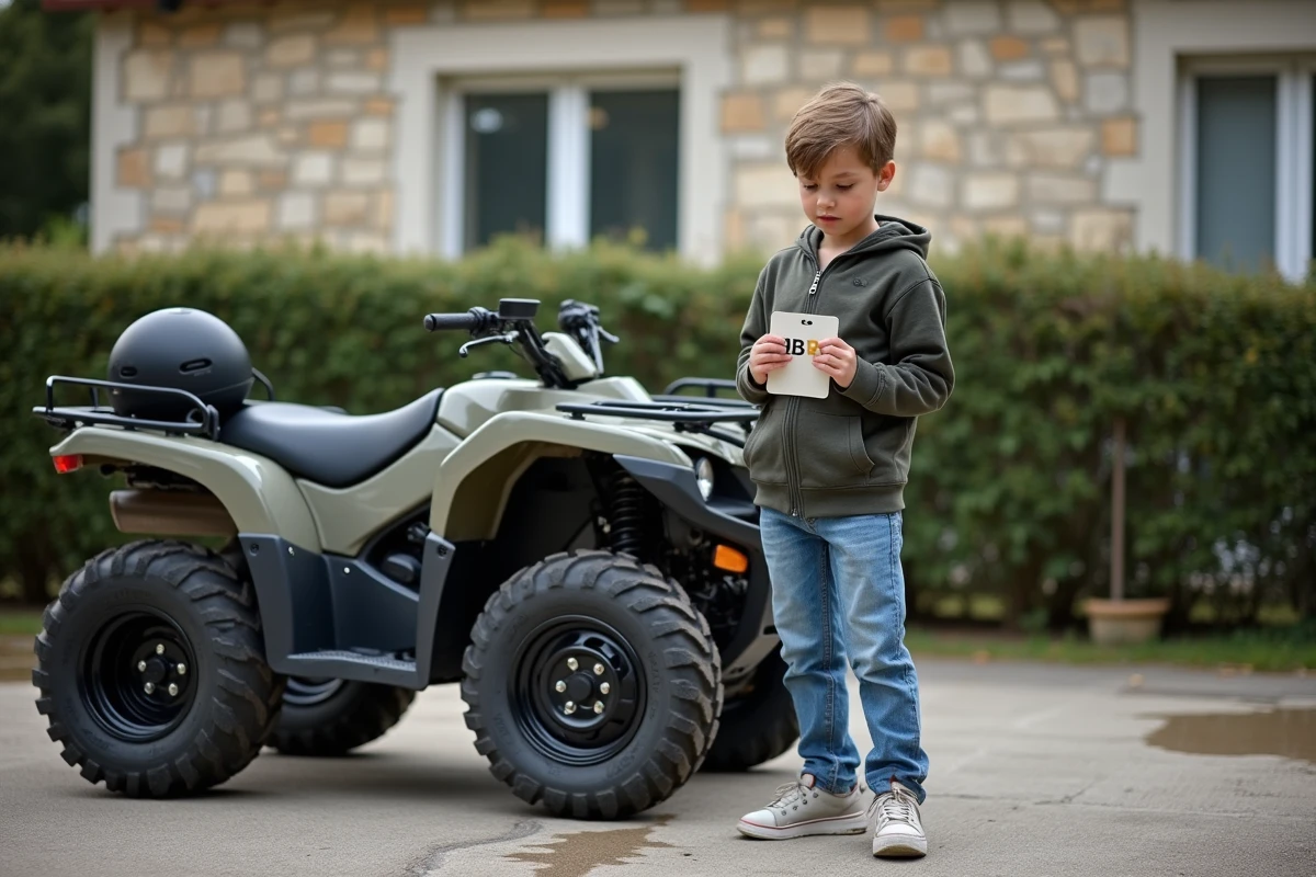 Adolescent tenant son brevet de sécurité routière debout à côté d'un quad garé dans une allée pavillonnaire en France