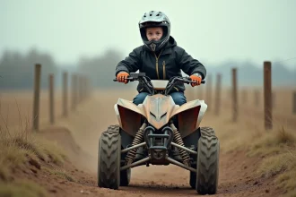 Adolescent de 16 ans équipé d'un casque homologué et d'équipements de protection assis sur un quad sur un chemin de terre en milieu rural