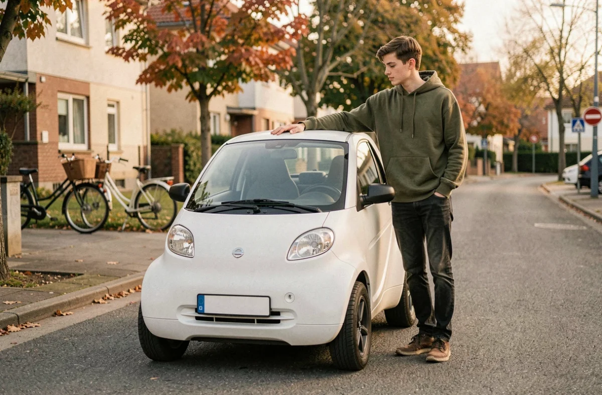 Adolescent évaluant une petite voiture sans permis blanche dans une rue résidentielle calme en automne