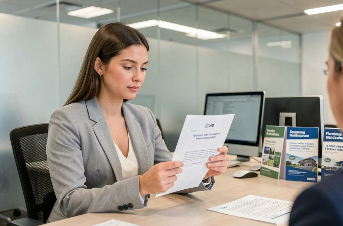 Jeune femme lisant une lettre de résiliation dans une agence d'assurance automobile