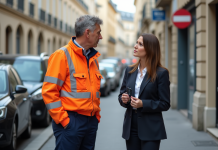 Qui peut demander la mise en fourrière : conditions et procédure à suivre Agent municipal en veste orange parle avec une femme d'affaires