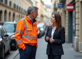 Qui peut demander la mise en fourrière : conditions et procédure à suivre Agent municipal en veste orange parle avec une femme d'affaires