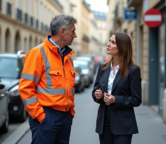 Agent municipal en veste orange parle avec une femme d'affaires