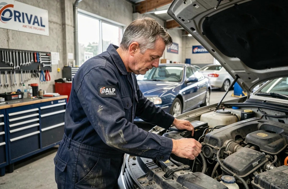 Mécanicien d'ALP Automobile inspectant le moteur d'un véhicule sur un pont élévateur dans le garage multimarque à Orival
