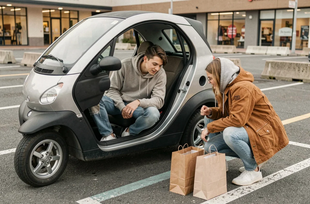 Deux amis examinant ensemble une voiture sans permis dans un parking de centre commercial à l'automne