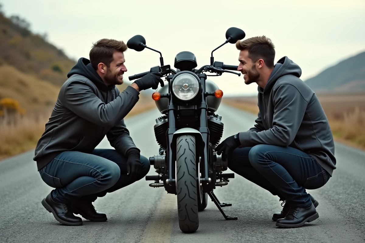 Deux amis motards débutants qui examinent le moteur d'une moto puissante au bord d'une route de campagne