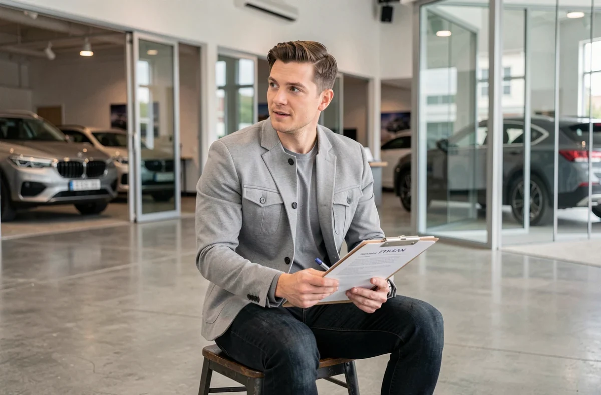 Animateur de Turbo sur M6 en préparation dans un showroom automobile avant une émission