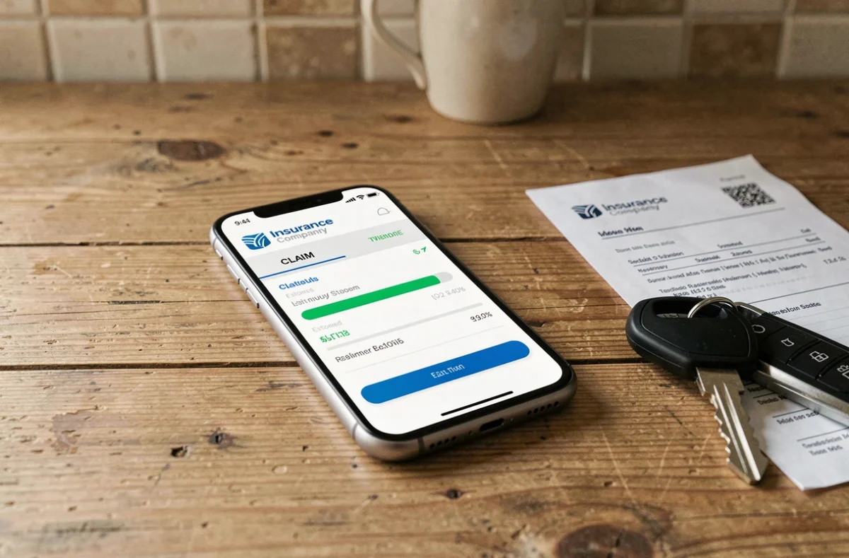 Smartphone affichant le suivi d'une demande d'indemnisation automobile sur une application assurance