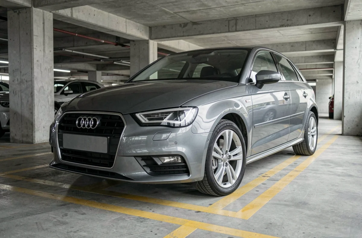 Audi A3 grise garée dans un parking urbain en béton, vue de face en contre-plongée