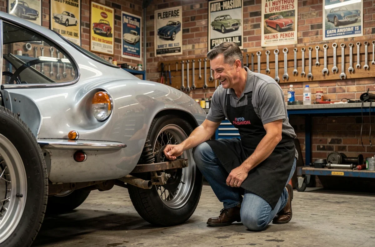 Mécanicien passionné d'Auto Passion inspectant un véhicule spécifique dans un atelier spécialisé