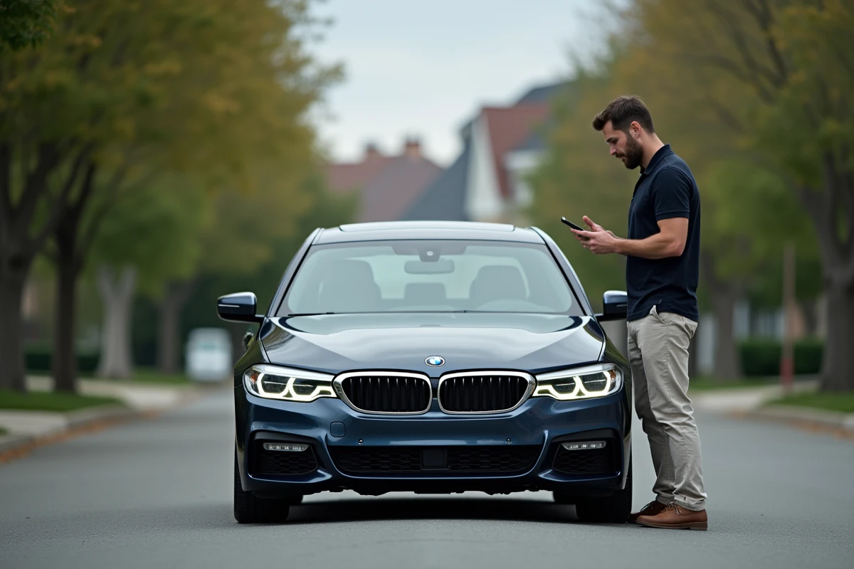 Automobiliste consulte son smartphone au bord de la route après l'allumage du voyant moteur de sa BMW