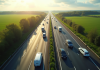 Vue aérienne d'une autoroute moderne ensoleillée avec voitures régulières