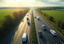 Vue aérienne d'une autoroute moderne ensoleillée avec voitures régulières