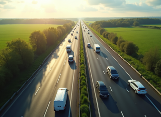 Les effets de la vitesse minimale sur autoroute sur le flux de trafic Vue aérienne d'une autoroute moderne ensoleillée avec voitures régulières