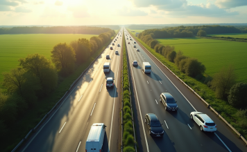 Les effets de la vitesse minimale sur autoroute sur le flux de trafic Vue aérienne d'une autoroute moderne ensoleillée avec voitures régulières