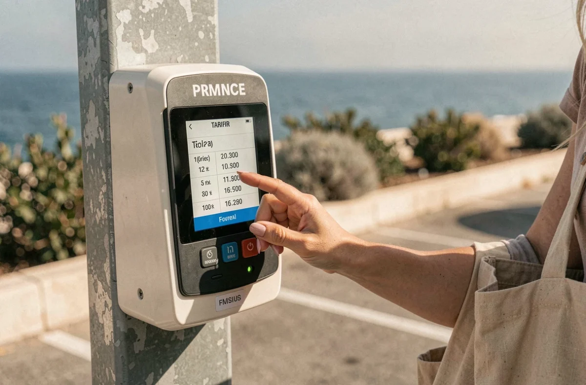 Borne de paiement du parking de Carry-le-Rouet avec les tarifs affichés en bord de mer