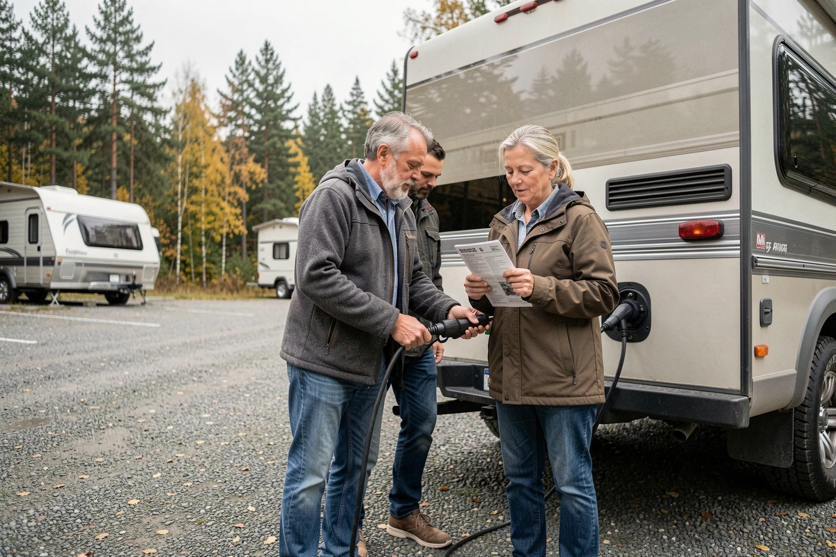 Couple branchant une prise remorque 13 broches sur un camping-car garé dans un parking forestier en automne