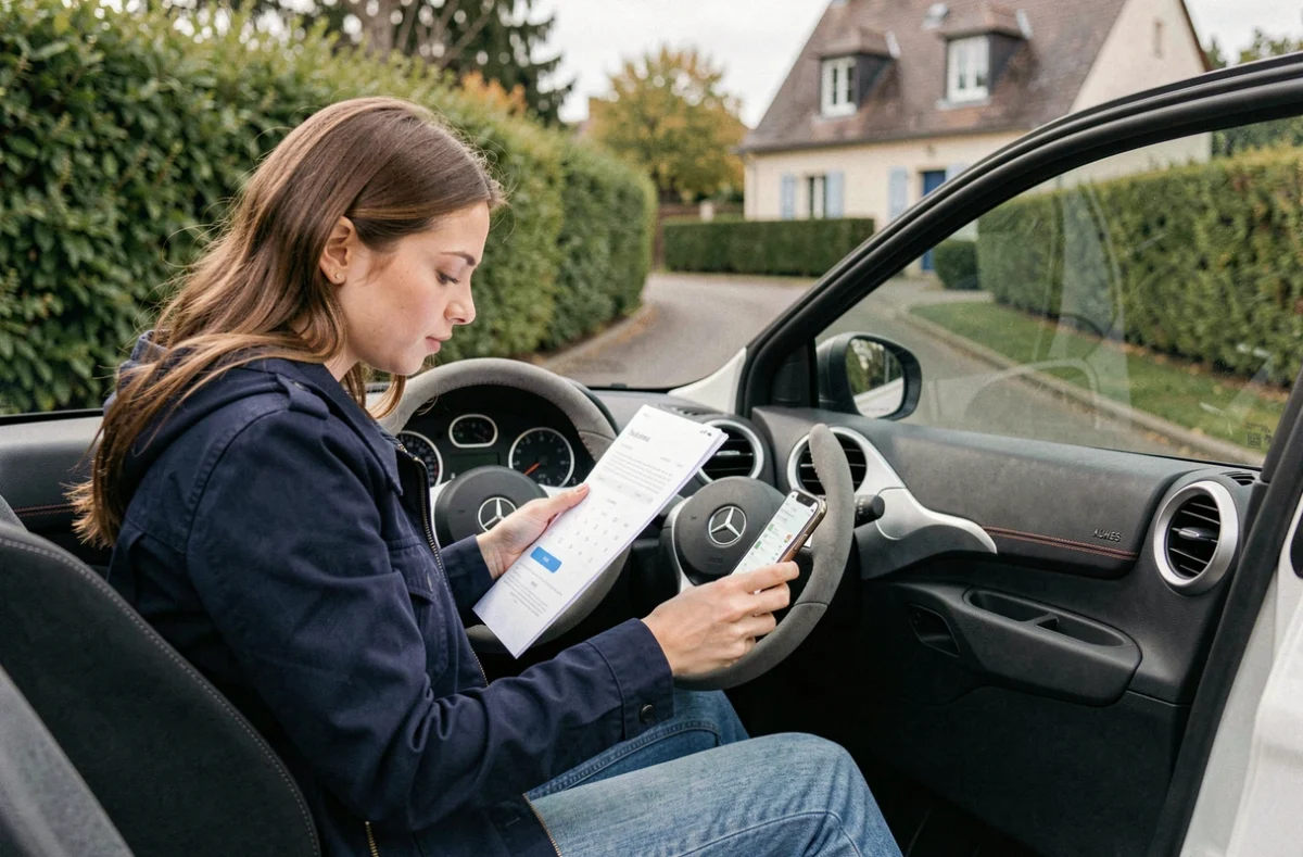 Jeune femme calculant le budget pour l'achat d'une voiture sans permis