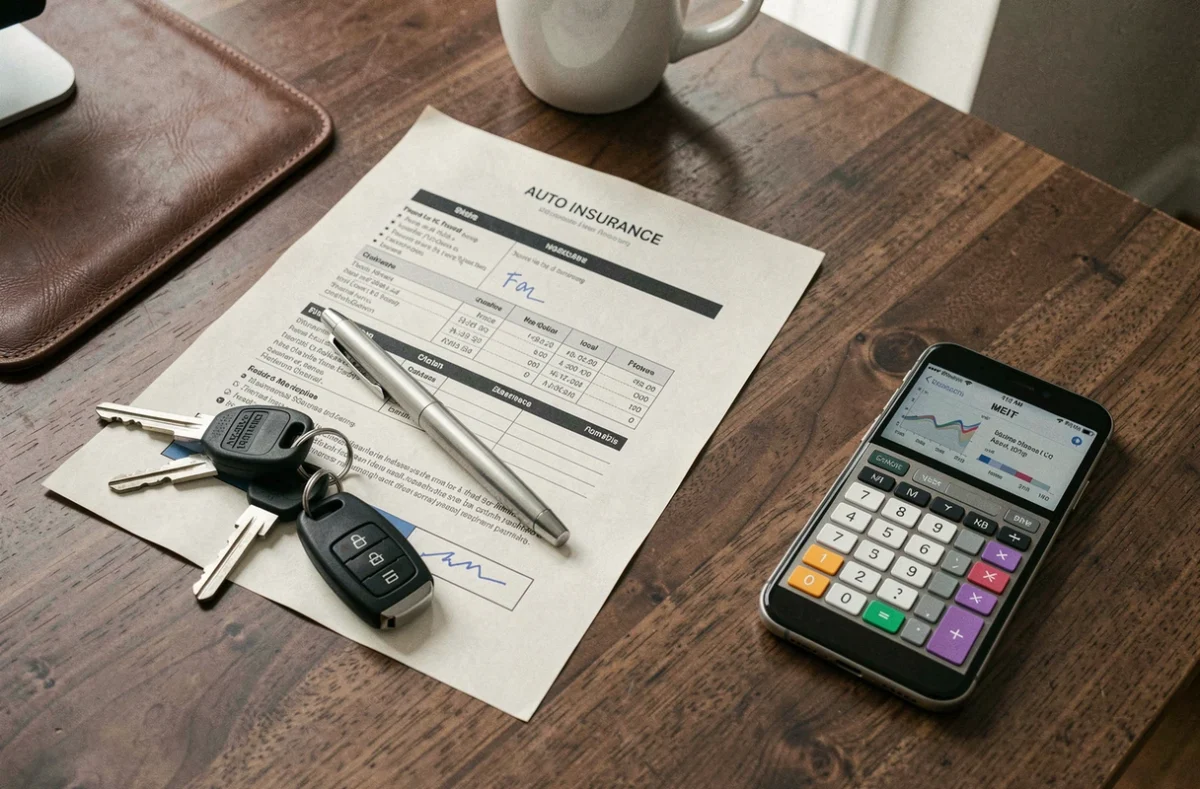 Vue aérienne d'un bureau avec contrat d'assurance auto, clés de voiture et calculatrice sur smartphone