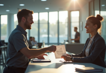 Personne remettant documents au guichet officiel pour renouveler permis