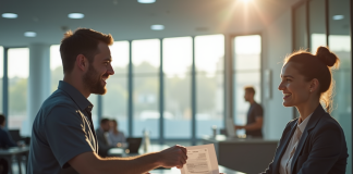 Personne remettant documents au guichet officiel pour renouveler permis
