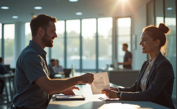 Renouvellement du permis de conduire : Délai légal et démarches à connaître ! Personne remettant documents au guichet officiel pour renouveler permis