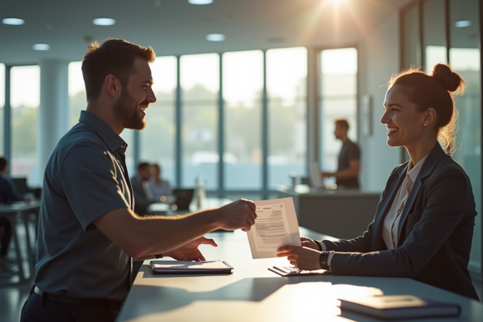 Personne remettant documents au guichet officiel pour renouveler permis
