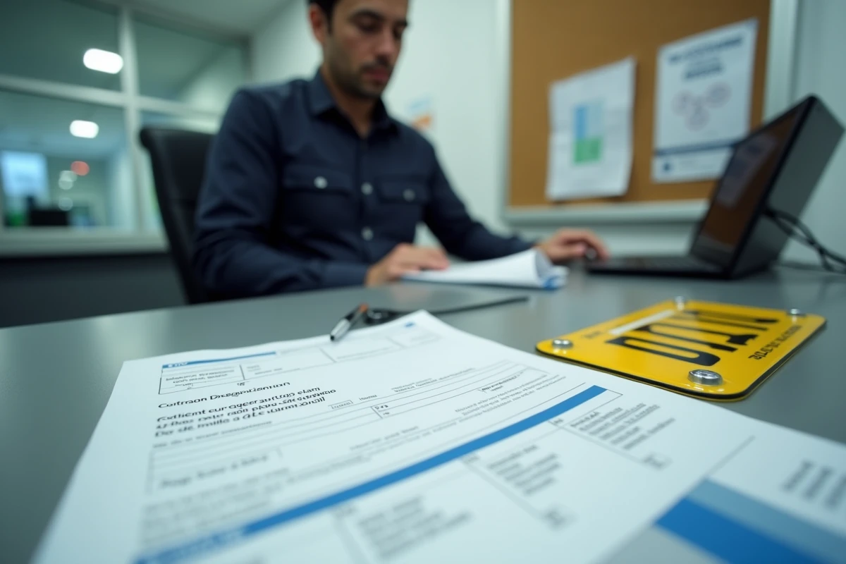 Bureau d'immatriculation belge avec plaque minéralogique jaune et certificat DIV pour enregistrement de véhicule