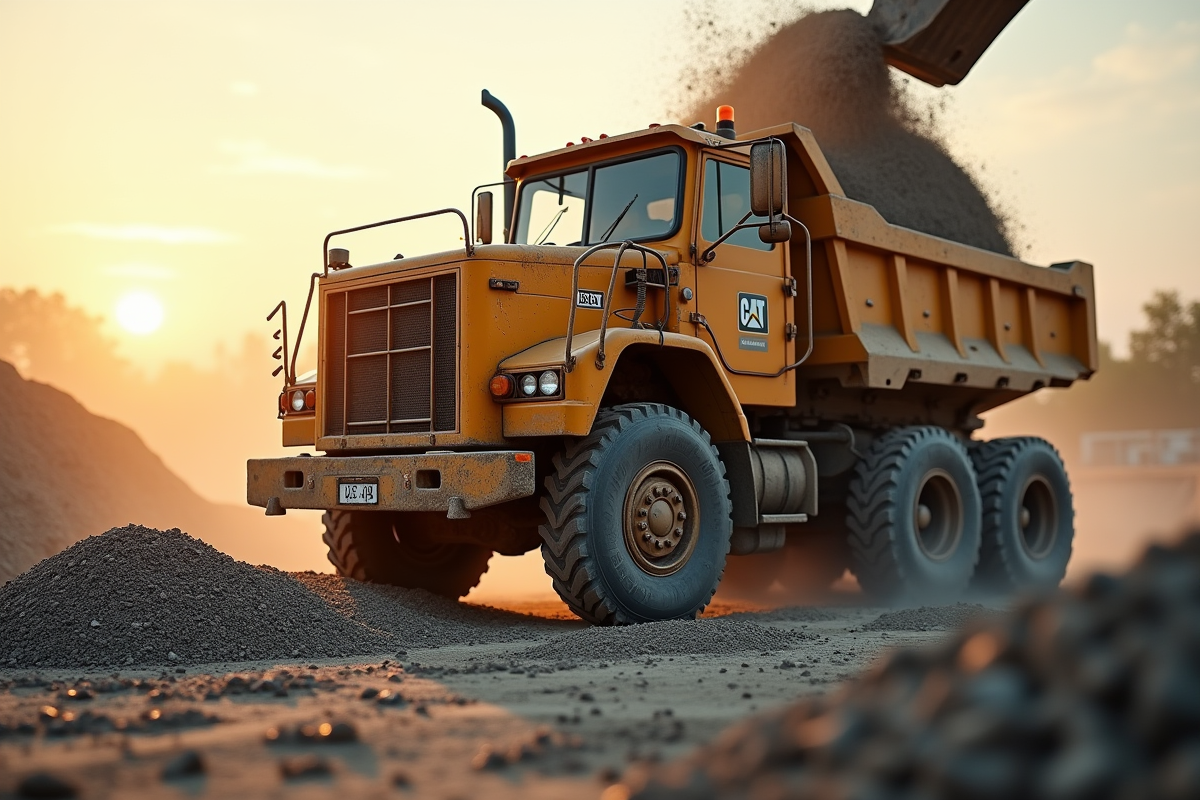 Camion benne déchargeant du gravier sur un chantier