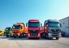 Plusieurs camions bennes colorés stationnés en plein jour