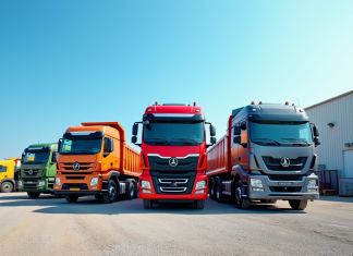 Comparatif des prix des camions-bennes selon les marques les plus fiables Plusieurs camions bennes colorés stationnés en plein jour