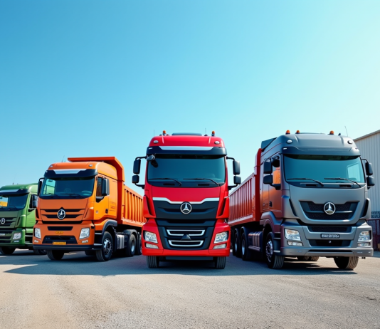 Plusieurs camions bennes colorés stationnés en plein jour