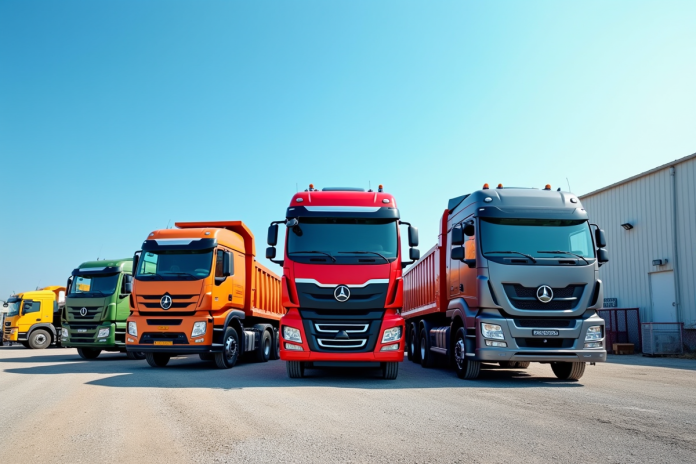 Plusieurs camions bennes colorés stationnés en plein jour