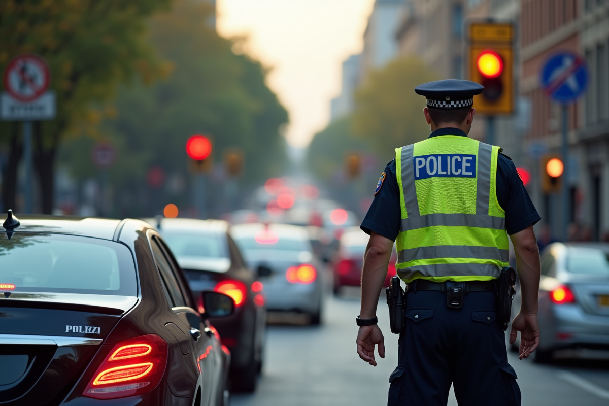 Rue urbaine avec voitures au feu rouge et policier en veston réfléchissant