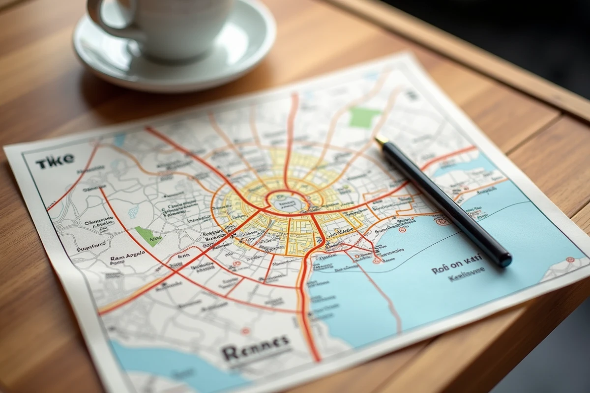 Carte des zones Crit'Air de Rennes annotée à la main sur une table de café