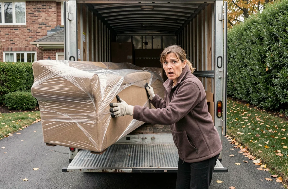 Femme essayant de charger un canapé trop grand dans un camion de déménagement loué