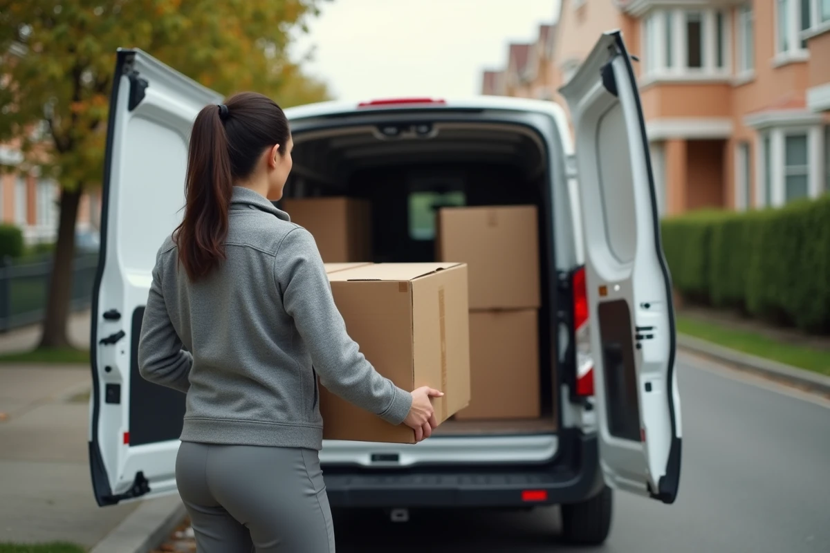 Femme chargeant des cartons dans un utilitaire de location Super U dans une rue résidentielle