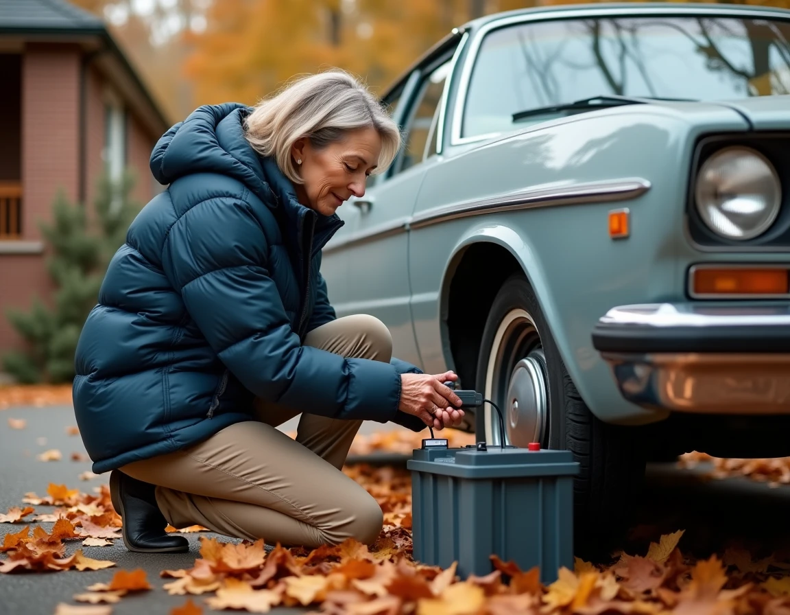 Femme branchant un chargeur de maintien sur la batterie d'un break vintage garé dans une allée en automne