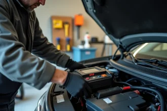 Homme connectant un chargeur de maintien sur une batterie de voiture dans un garage résidentiel