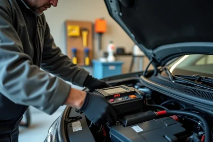 Homme connectant un chargeur de maintien sur une batterie de voiture dans un garage résidentiel