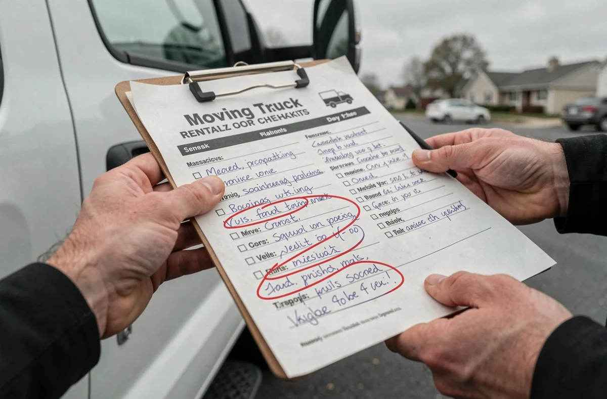Gros plan sur une liste de vérification annotée pour la location d'un camion de déménagement avec des erreurs cerclées