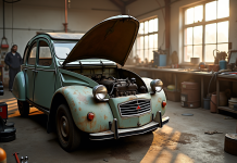 Voiture 2CV Citroen en réparation dans un garage lumineux