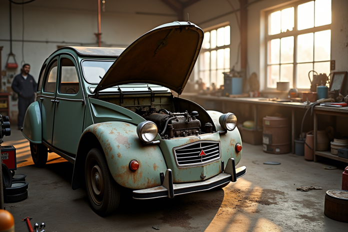 Voiture 2CV Citroen en réparation dans un garage lumineux