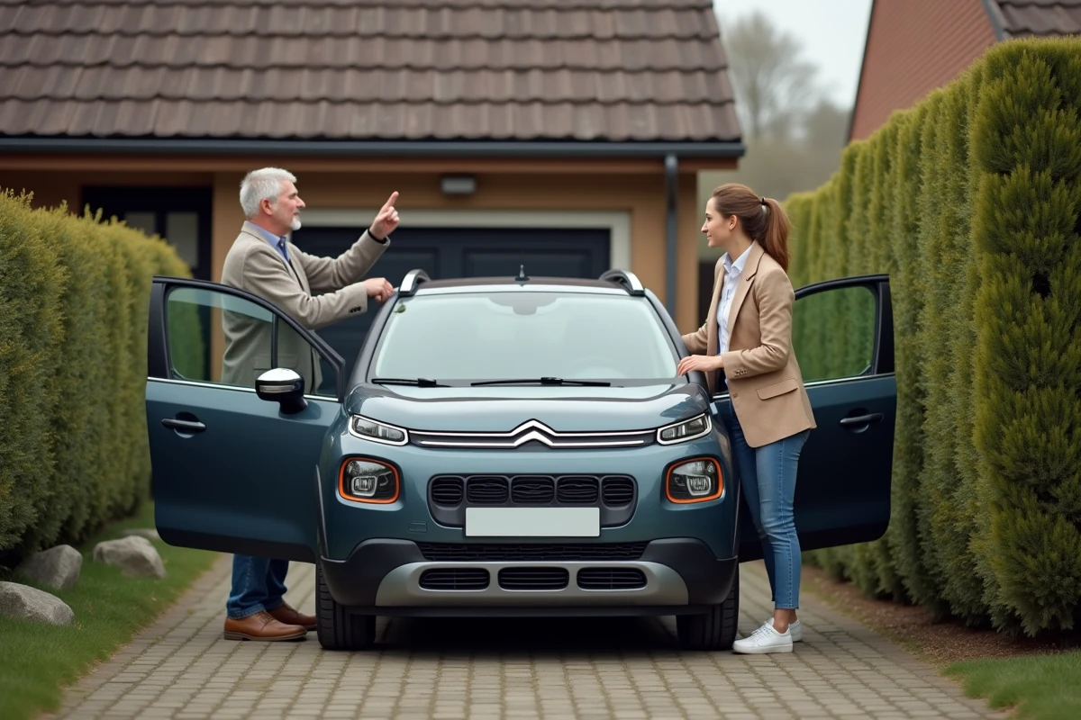Couple utilisant la nouvelle Citroën C3 comme référence de dimensions en contexte résidentiel, illustrant la hauteur et la largeur du véhicule