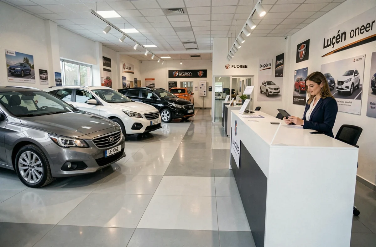 Intérieur du showroom de CLARENS Automobiles à Luçon en Vendée, avec des véhicules exposés sur un sol époxy et une conseillère de vente à la réception